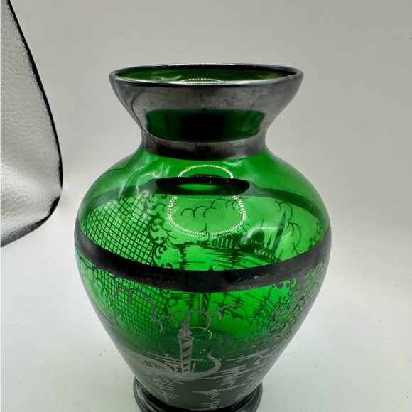SOLD Green Glass Vase Silver Overlay Hand Painted Venice Scape 4 1/4”H - Picture 3 of 6